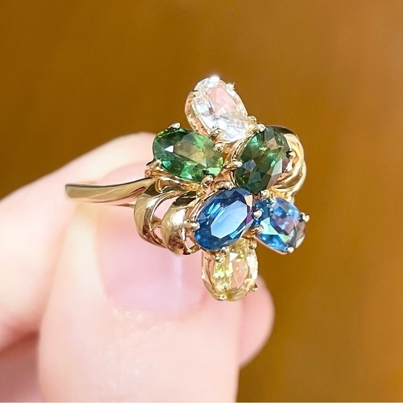 14K multicolor rainbow Genuine Sapphire oval cut cluster gold large swirl ring‍ - Picture 7 of 10
